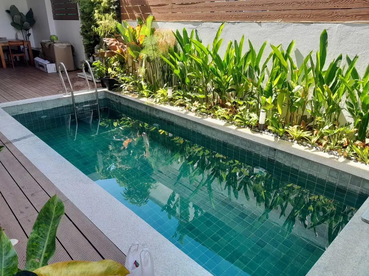 Lap pool with a planted border and timber deck at Prashanth Residence, Chikkatirupati